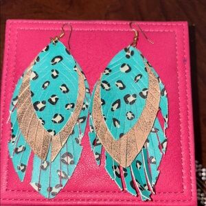 Boho Leopard Print Teal and Gold Leather Earrings